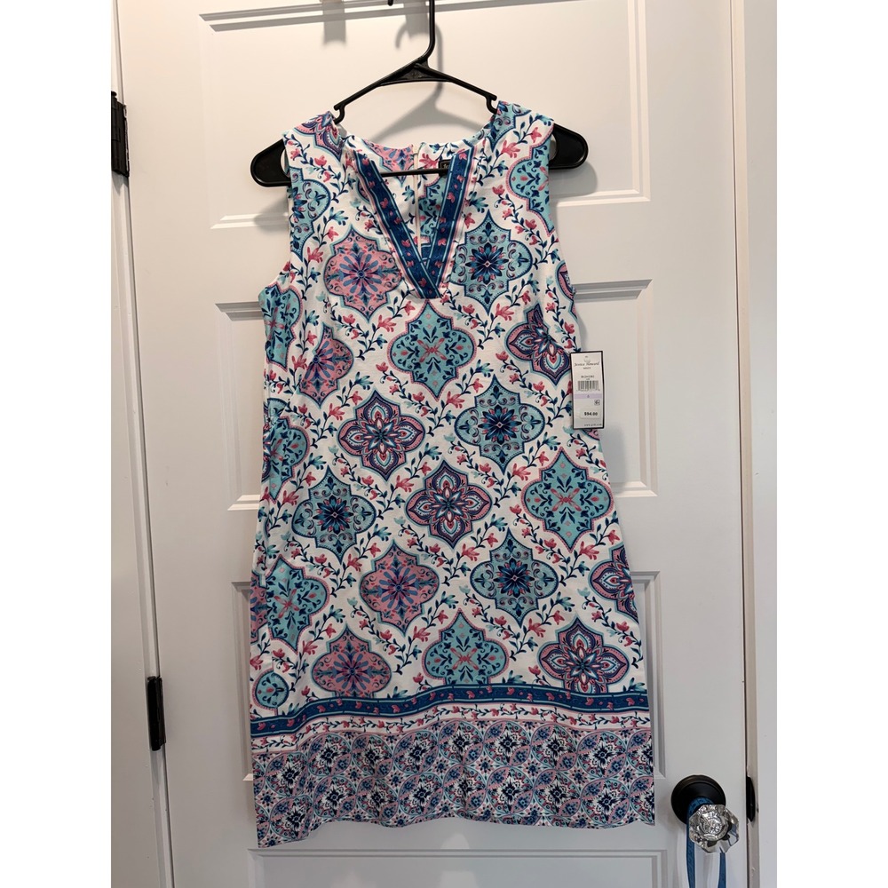 NWT Jessica Howard Womens Blue Pink Medallion Print Sleeveless Shift Dress 6